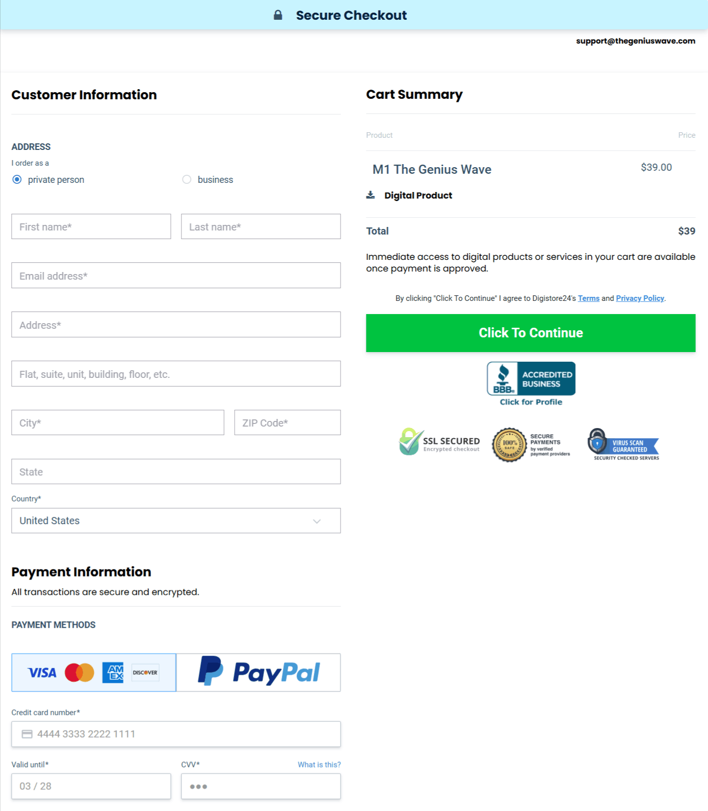 The Genius Wave Checkout page 